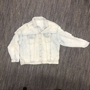 American Eagle Distressed Light Rinse Long Length Denim Jacket Size: Womens XXL